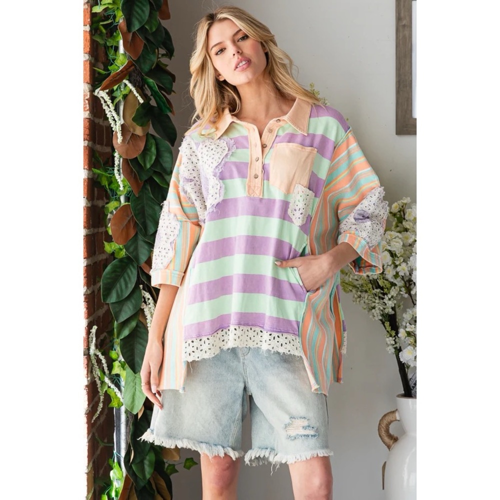 Oli & Hali Mixed Striped Flower Patched Oversized Polo in Orange Mint - Picture 5 of 8
